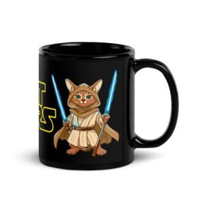 Taza original de gatos. CAT WARS. Inspirada en la famosa película Star Wars. Gato stromtrooper y gato jedi. Logo de Cat Wars amarillo. Que la fuerza te acompañe miau. Color negro. Regalo muy divertido