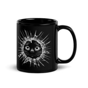 Taza divertida de gatos. BLACK CAT MIRROR. Inspirada en la famosa serie Black Mirror. Gato negro rompiendo un espejo. Color negro