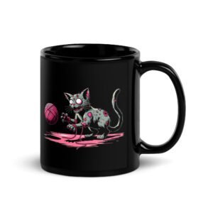 Taza original de gatos. THE WALKING CAT. Inspirada en la famosa serie The Walking Dead. Gato zombie jugando con ovillo de lana. Color negro