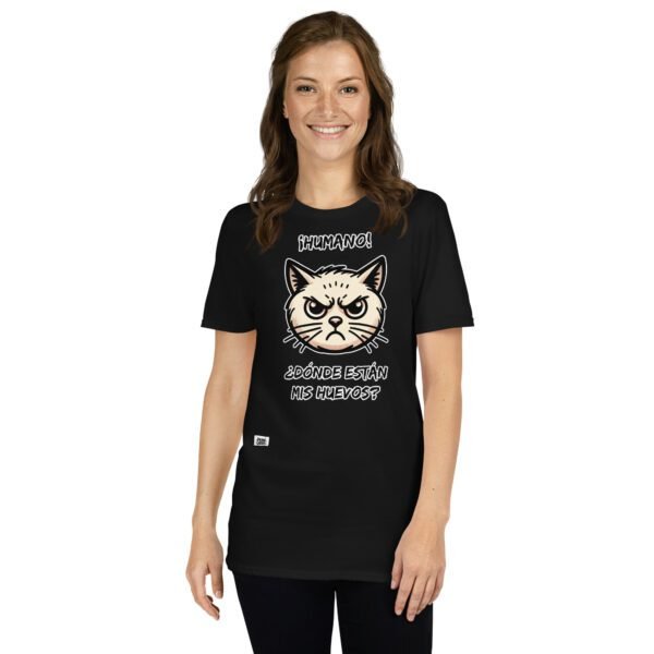Camiseta de gato Humano Donde estan mis huevos negro chica