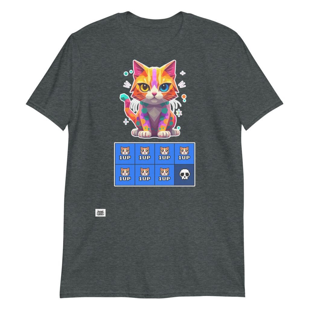 Camiseta de gato gamer 7 vidas gris jaspeado