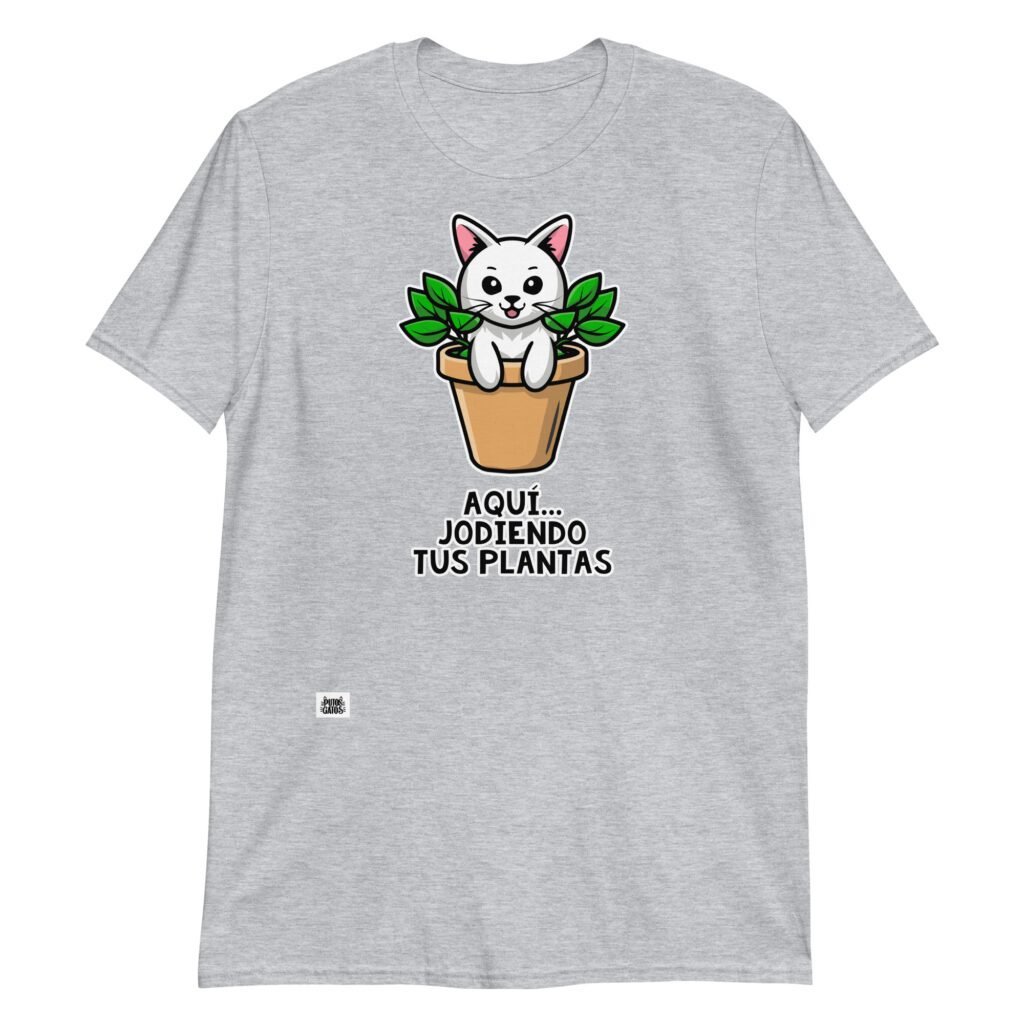 Camiseta gato cagando en plantas gris