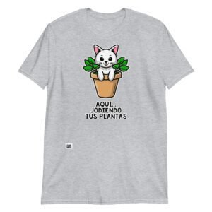Camiseta gato cagando en plantas gris