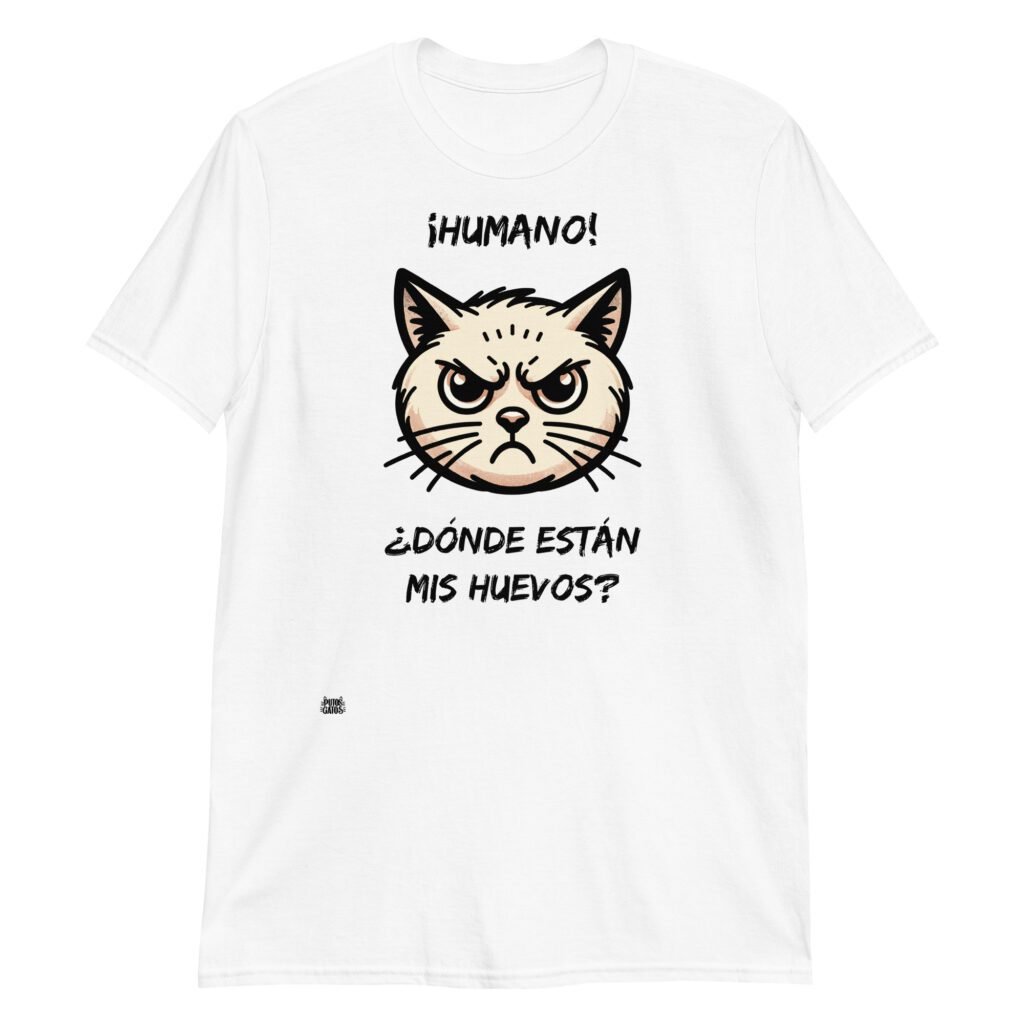 Camiseta de gato Humano Donde estan mis huevos blanco