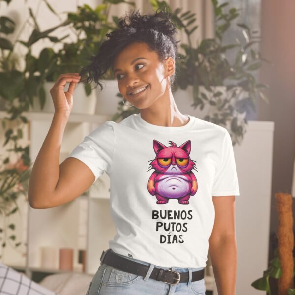 Camiseta de gato buenos putos días blanco chica