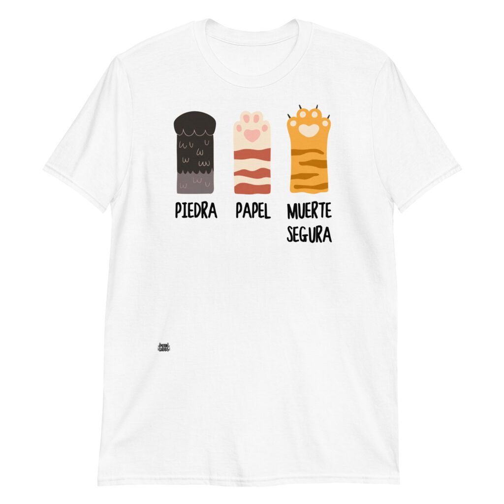 Camiseta de gatos divertida piedra, papel, muerte segura blanco
