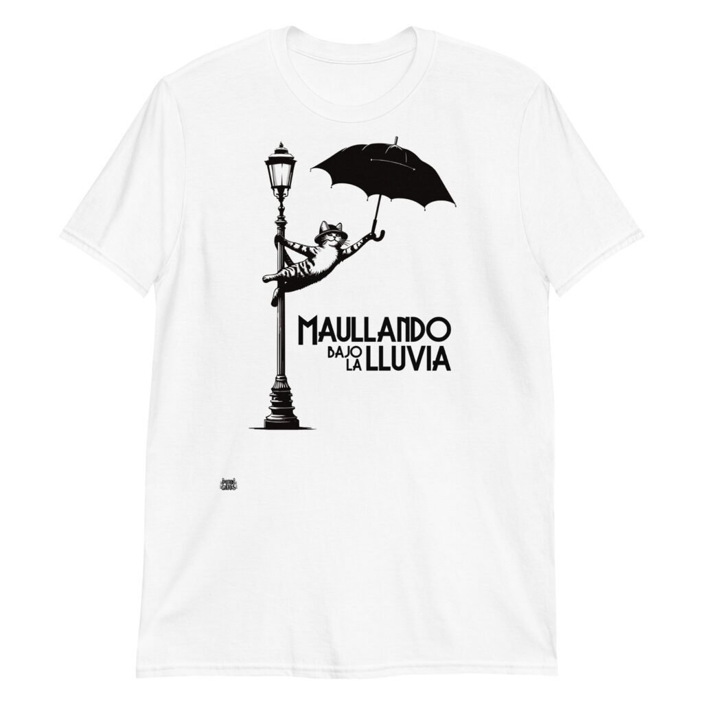 Camiseta gatos MAULLANDO BAJO LA LLUVIA blanco