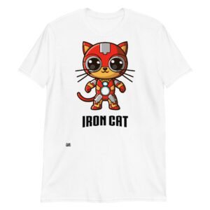 Camiseta divertida de gatos. IRON CAT. Inspirada en Iron Man, este gato con traje robótico lucha contra el mal a cualquier hora. Color blanco