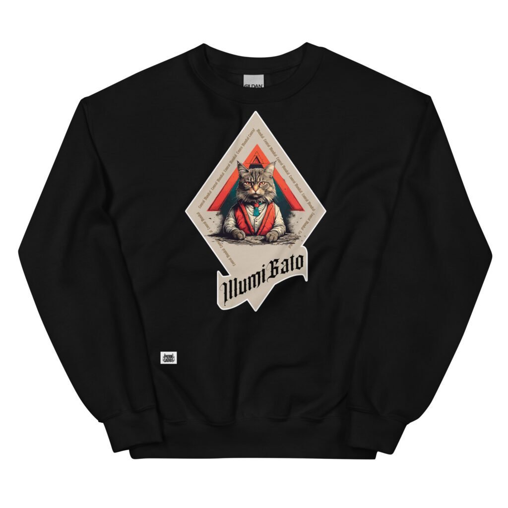 Sudadera original de gatos. ILLUMIGATO. El gato illuminati que domina el mundo. Color negro