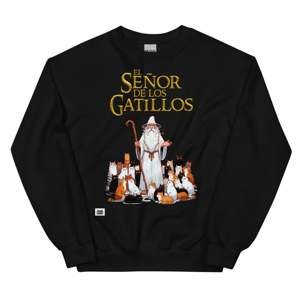 Sudadera original de gatos. EL SEÑOR DE LOS GATILLOS. Inspirada en la famosa saga El Señor de los Anillos. Mago rodeado de gatos haciendo su magia. Un gato para dominarlos a todos. Color negro