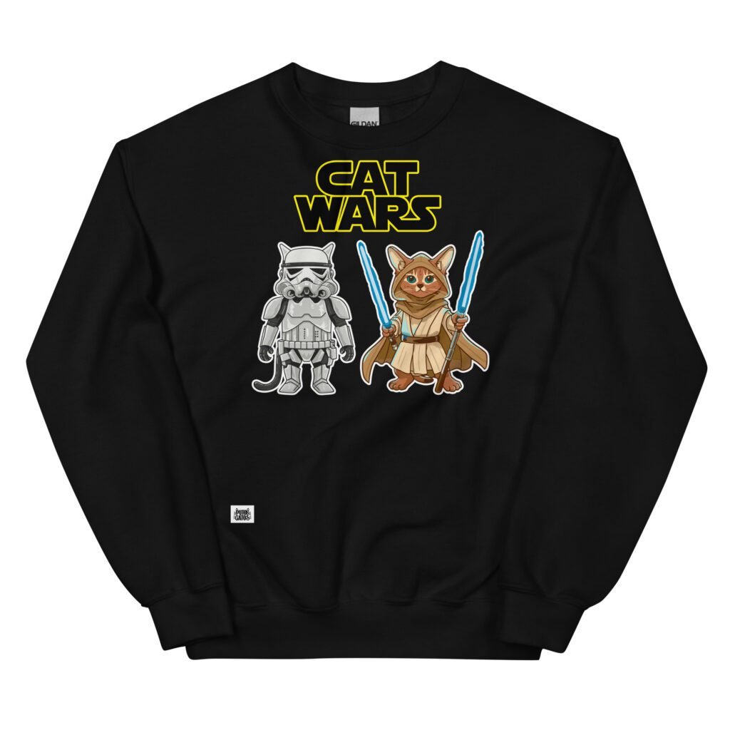 Sudadera original de gatos. CAT WARS. Inspirada en la mítica saga Star Wars. Gato stormtrooper y gato jedi. Para los más frikis y amantes de los gatos. Que la fuerza te acompañe. Yo soy tu padre. Color negro