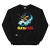 Sudadera divertida de gatos. GATOBALL. Inspirada en la famosa serie de anime Dragon Ball. Gato vestido de samurai volando sobre una nube y con una katana. Onda vital. Color negro