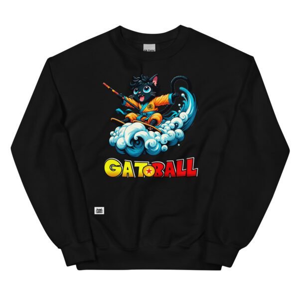 Sudadera divertida de gatos. GATOBALL. Inspirada en la famosa serie de anime Dragon Ball. Gato vestido de samurai volando sobre una nube y con una katana. Onda vital. Color negro
