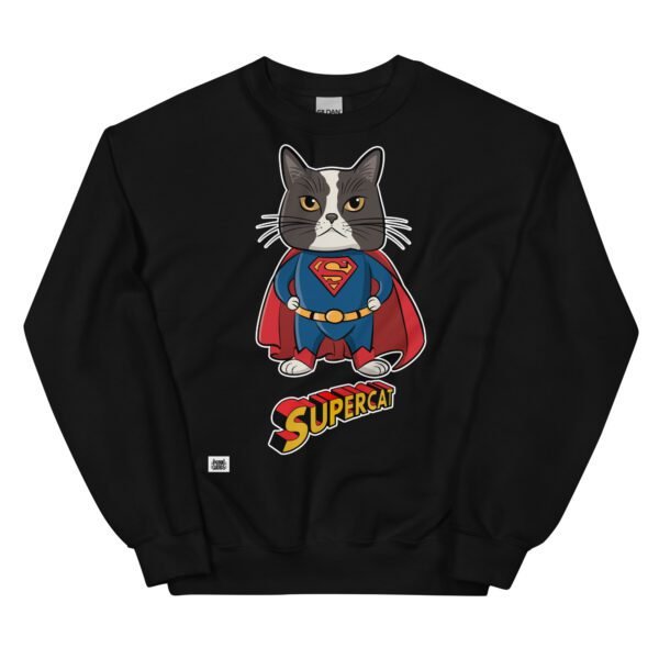 Sudadera original de gatos. SuperCat. Inspirada en Super Man. Gato disfrazado de superhéroe con capa. El superhéroe que necesitas para volar y luchar contra el mal. Color negro