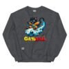 Sudadera divertida de gatos. GATOBALL. Inspirada en la famosa serie de anime Dragon Ball. Gato vestido de samurai volando sobre una nube y con una katana. Onda vital. Color gris oscuro