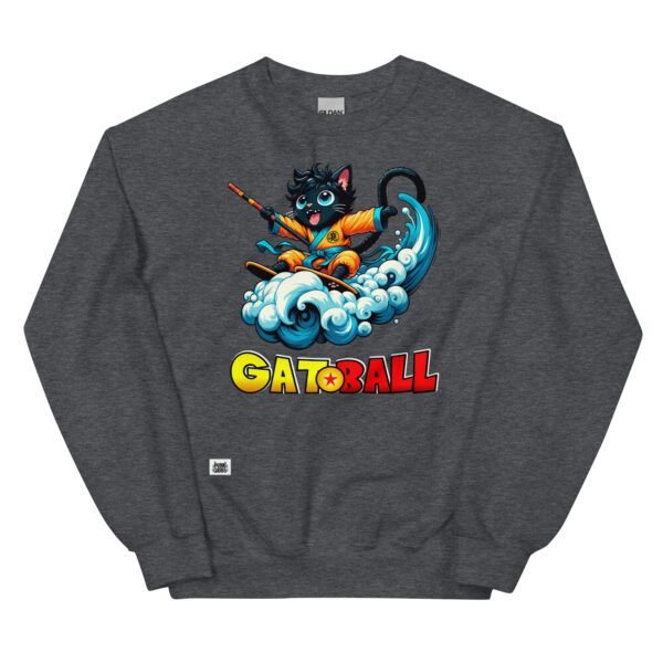 Sudadera divertida de gatos. GATOBALL. Inspirada en la famosa serie de anime Dragon Ball. Gato vestido de samurai volando sobre una nube y con una katana. Onda vital. Color gris oscuro