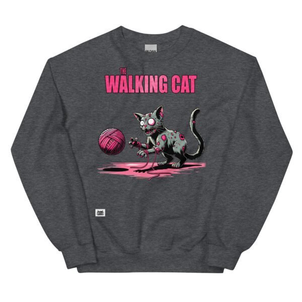 Sudadera divertida de gatos. THE WALKING CAT. Inspirada en la famosa serie The Walking Dead. Gato zombie jugando con ovillo de lana. Color gris oscuro