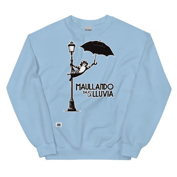 Sudadera divertida de gatos. MAULLANDO BAJO LA LLUVIA. Inspirada en la icónica película Cantando bajo la lluvia de 1952.  Color azul