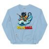 Sudadera divertida de gatos. GATOBALL. Inspirada en la famosa serie de anime Dragon Ball. Gato vestido de samurai volando sobre una nube y con una katana. Onda vital. Color azul