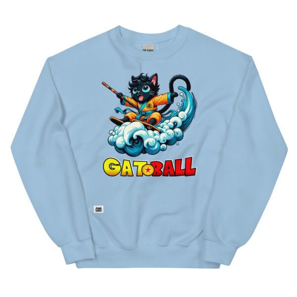 Sudadera divertida de gatos. GATOBALL. Inspirada en la famosa serie de anime Dragon Ball. Gato vestido de samurai volando sobre una nube y con una katana. Onda vital. Color azul