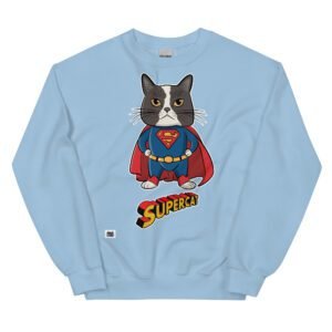 Sudadera original de gatos. SuperCat. Inspirada en Super Man. Gato disfrazado de superhéroe con capa. El superhéroe que necesitas para volar y luchar contra el mal. Color azul