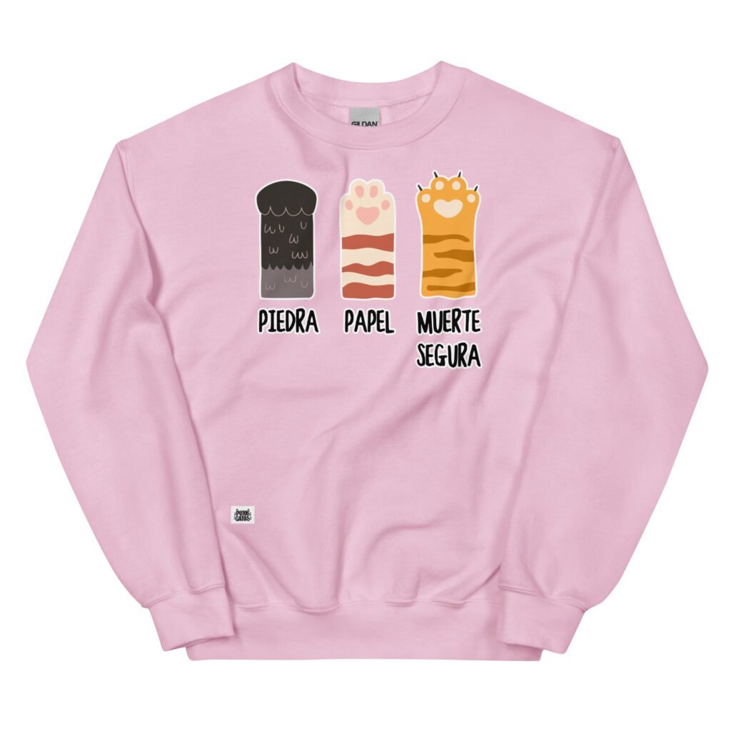 Sudadera divertida de gatos. PIEDRA, PAPEL, MUERTE SEGURA. El juego de siempre en versión gatuna. No podrás ganar. Color rosa