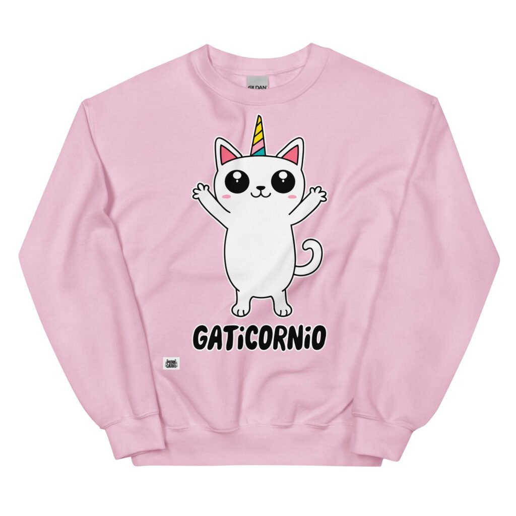 Sudadera original de gatos. GATICORNIO. Un híbrido entre gato y unicornio. El animal fantástico que te representa y lo sabes. Color rosa