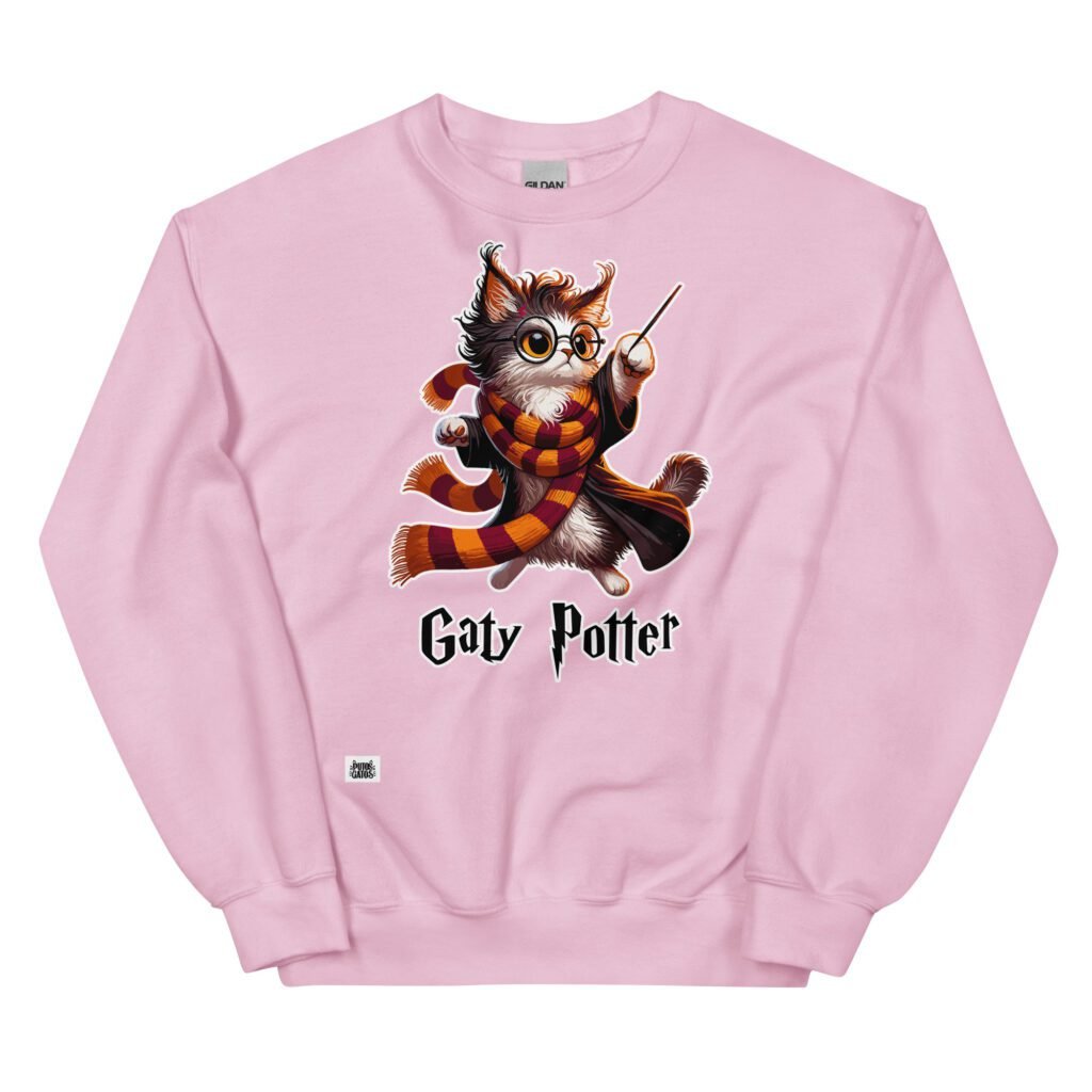 Sudadera original de gatos. GATY POTTER. Inspirada en la saga de Harry Potter. Para amantes de la magia y los mininos. Color rosa