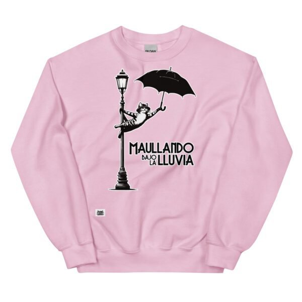 Sudadera divertida de gatos. MAULLANDO BAJO LA LLUVIA. Inspirada en la icónica película Cantando bajo la lluvia de 1952.  Color rosa