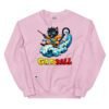 Sudadera divertida de gatos. GATOBALL. Inspirada en la famosa serie de anime Dragon Ball. Gato vestido de samurai volando sobre una nube y con una katana. Onda vital. Color rosa