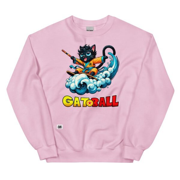 Sudadera divertida de gatos. GATOBALL. Inspirada en la famosa serie de anime Dragon Ball. Gato vestido de samurai volando sobre una nube y con una katana. Onda vital. Color rosa