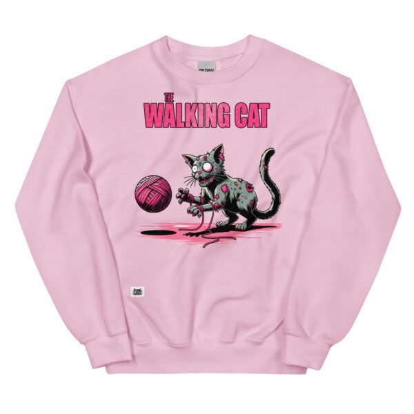 Sudadera divertida de gatos. THE WALKING CAT. Inspirada en la famosa serie The Walking Dead. Gato zombie jugando con ovillo de lana. Color rosa