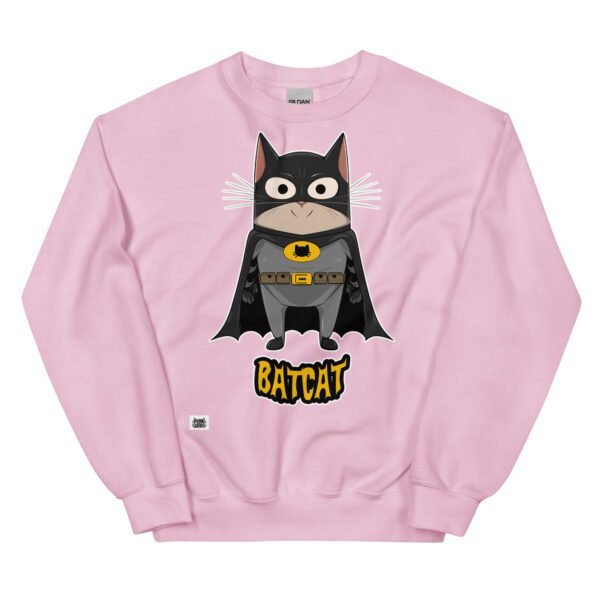 Sudadera original de gatos. BATCAT. Inspirada en BatMan. Gato disfrazado de murciélago con capa. El superhéroe que necesitas para combatir el mal y el bien. Color rosa