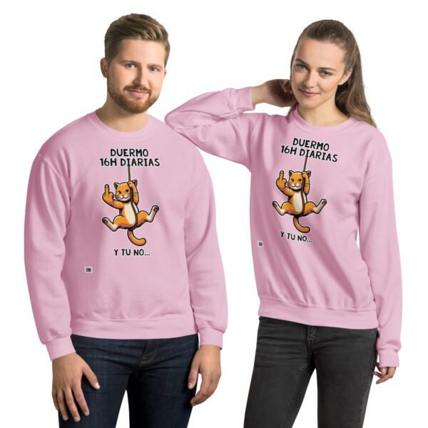 Sudadera divertida de gatos. DUERMO 16H DIARIAS Y TÚ NO. Sudaderas originales para amantes de los gatos. Color rosa. Pareja