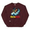 Sudadera divertida de gatos. GATOBALL. Inspirada en la famosa serie de anime Dragon Ball. Gato vestido de samurai volando sobre una nube y con una katana. Onda vital. Color marrón