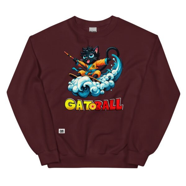 Sudadera divertida de gatos. GATOBALL. Inspirada en la famosa serie de anime Dragon Ball. Gato vestido de samurai volando sobre una nube y con una katana. Onda vital. Color marrón