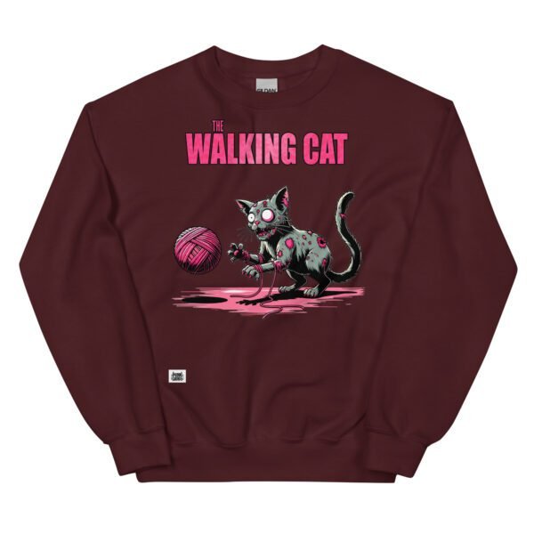 Sudadera divertida de gatos. THE WALKING CAT. Inspirada en la famosa serie The Walking Dead. Gato zombie jugando con ovillo de lana. Color marrón