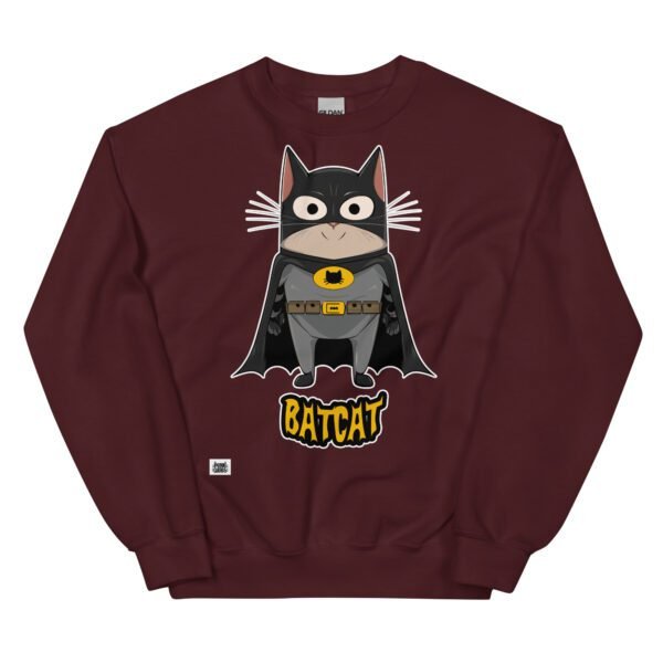 Sudadera original de gatos. BATCAT. Inspirada en BatMan. Gato disfrazado de murciélago con capa. El superhéroe que necesitas para combatir el mal y el bien. Color marrón