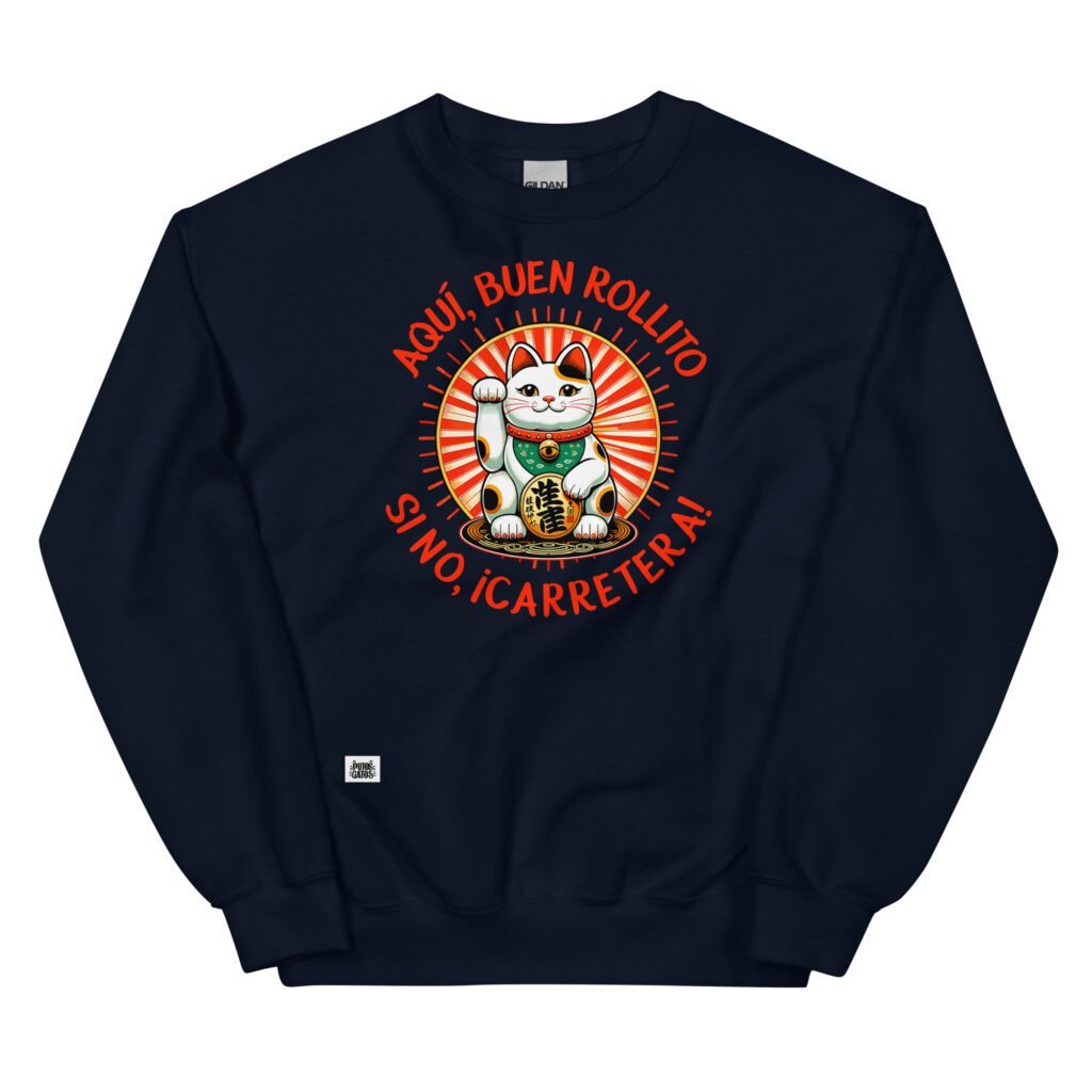 Sudadera divertida de gatos. GATO DE LA SUERTE. BUEN ROLLITO. Color azul marino
