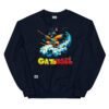 Sudadera divertida de gatos. GATOBALL. Inspirada en la famosa serie de anime Dragon Ball. Gato vestido de samurai volando sobre una nube y con una katana. Onda vital. Color azul marino