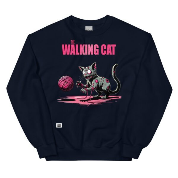 Sudadera divertida de gatos. THE WALKING CAT. Inspirada en la famosa serie The Walking Dead. Gato zombie jugando con ovillo de lana. Color azul marino