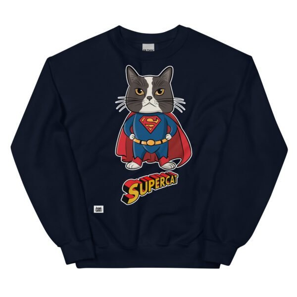 Sudadera original de gatos. SuperCat. Inspirada en Super Man. Gato disfrazado de superhéroe con capa. El superhéroe que necesitas para volar y luchar contra el mal. Color azul marino