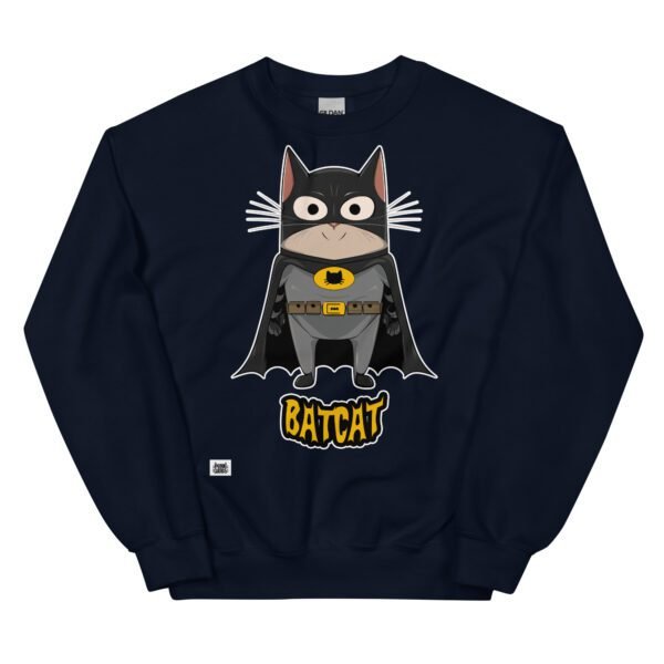 Sudadera original de gatos. BATCAT. Inspirada en BatMan. Gato disfrazado de murciélago con capa. El superhéroe que necesitas para combatir el mal y el bien. Color azul marino