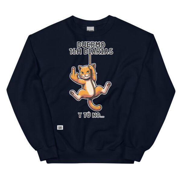 Sudadera divertida de gatos. DUERMO 16H DIARIAS Y TÚ NO. Sudaderas originales para amantes de los gatos. Color azul marino