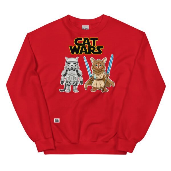 Sudadera original de gatos. CAT WARS. Inspirada en la mítica saga Star Wars. Gato stormtrooper y gato jedi. Para los más frikis y amantes de los gatos. Que la fuerza te acompañe. Yo soy tu padre. Color rojo