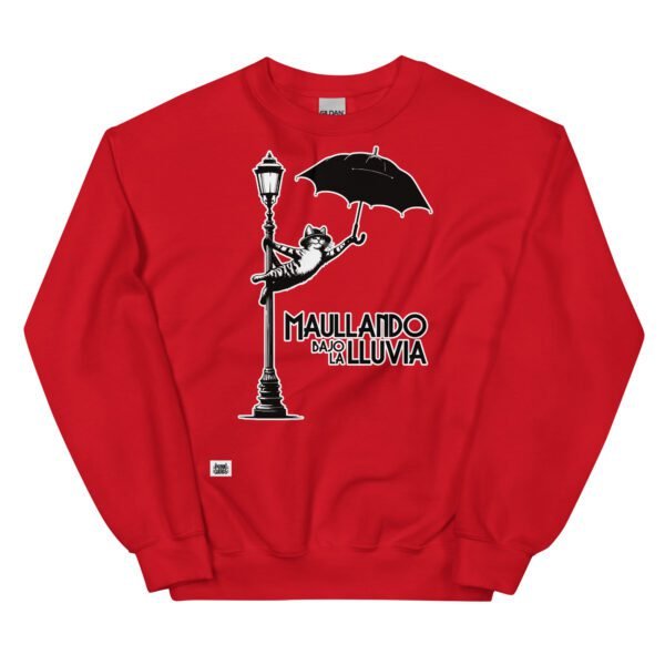 Sudadera divertida de gatos. MAULLANDO BAJO LA LLUVIA. Inspirada en la icónica película Cantando bajo la lluvia de 1952.  Color rojo