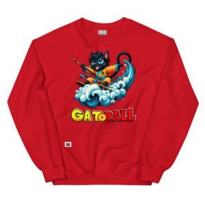 Sudadera divertida de gatos. GATOBALL. Inspirada en la famosa serie de anime Dragon Ball. Gato vestido de samurai volando sobre una nube y con una katana. Onda vital. Color rojo
