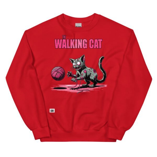 Sudadera divertida de gatos. THE WALKING CAT. Inspirada en la famosa serie The Walking Dead. Gato zombie jugando con ovillo de lana. Color rojo