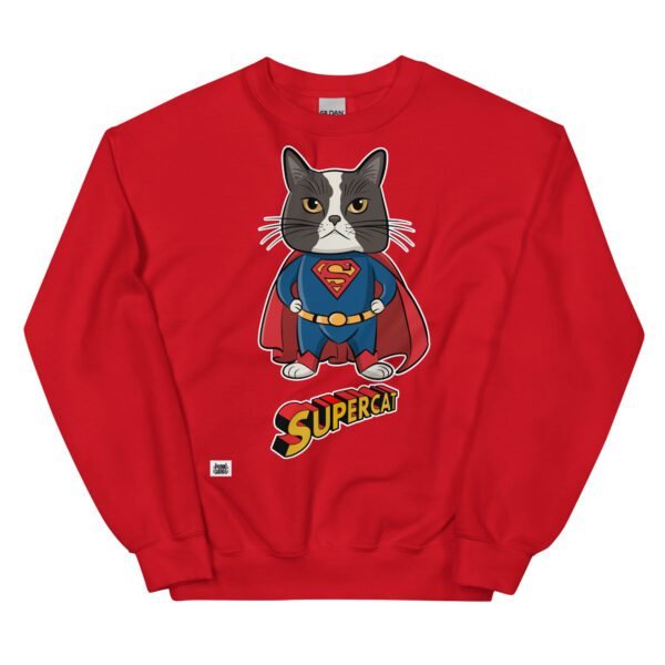 Sudadera original de gatos. SuperCat. Inspirada en Super Man. Gato disfrazado de superhéroe con capa. El superhéroe que necesitas para volar y luchar contra el mal. Color rojo