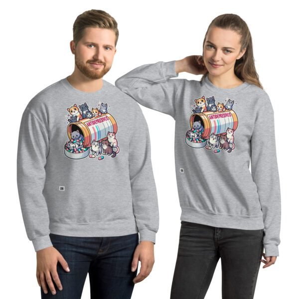 Sudadera divertida de gatos. GATOS ANTIDEPRESIVOS. Frasco de antidepresivos lleno de gatos. Para ese momento en el que necesitas mejorar tu ánimo. Color gris. Pareja